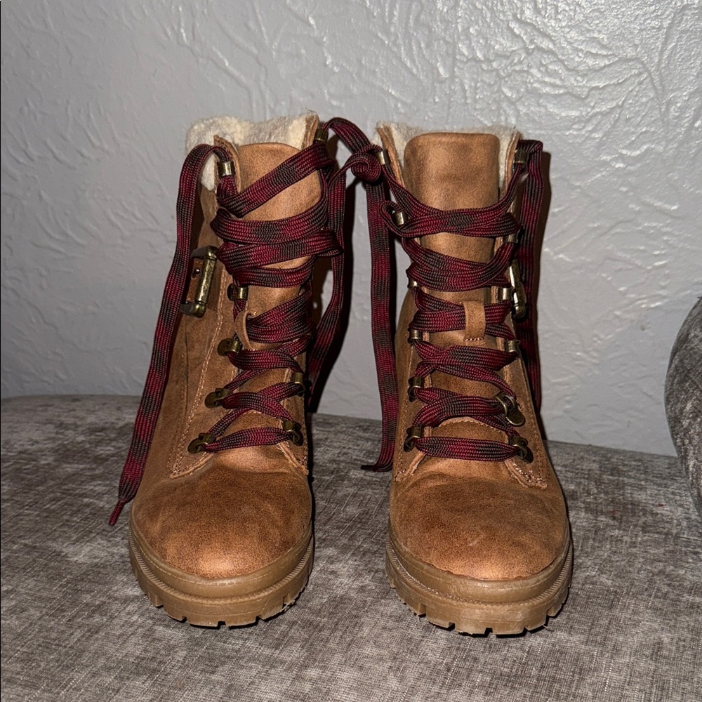 Women's Tan Suede Lace-Up Ankle Boots with Burgundy Accent Laces